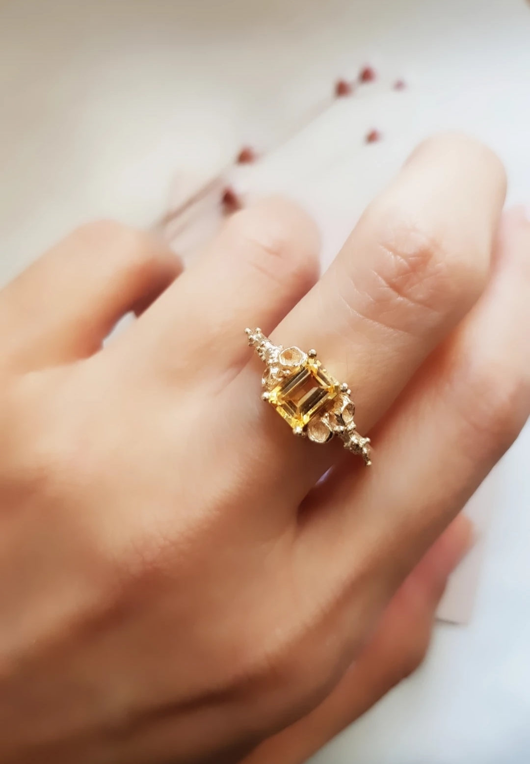 Golden Citrine  Gold Ring with Granules