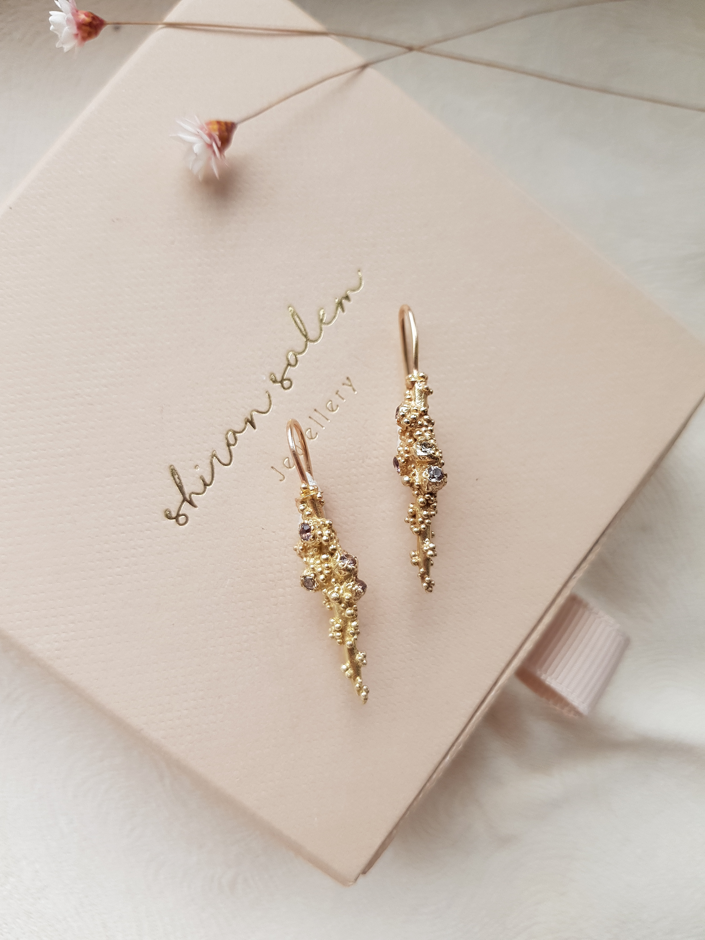 Champagen Diamonds and Sapphires Drop Gold Earrings