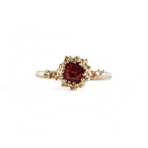 Delicate 14ct gold ring set with Round Garnet and granules