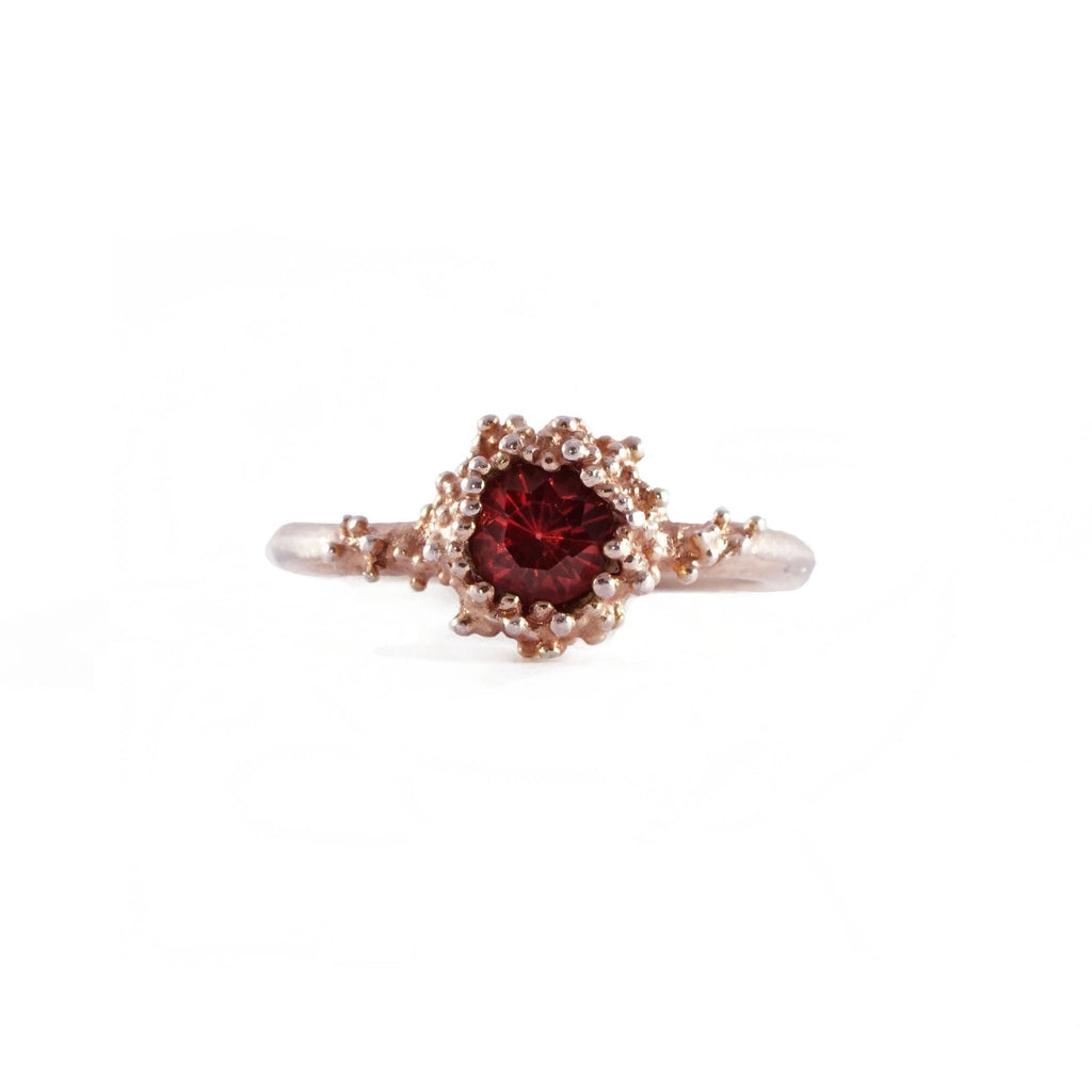 Delicate 18K  Rose gold ring set with Round Garnet and granules