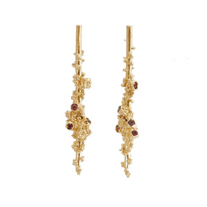 Beautiful inspired by nature 14ct gold drop earrings with granules set with five colorful Sapphires in each earring