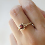 Delicate 14ct gold ring set with Round Garnet and granules