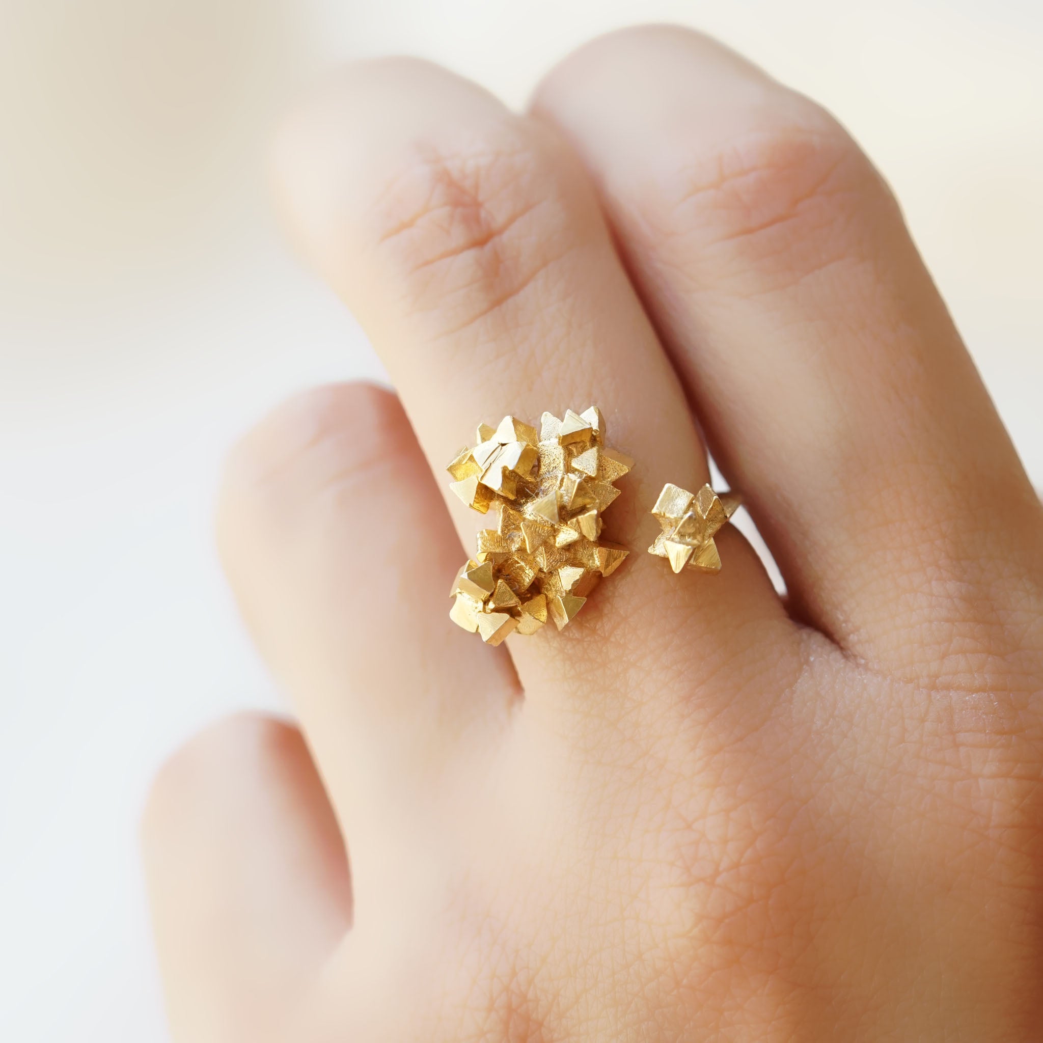 Gold open Geometric ring inspired by geodes and crystals shapes