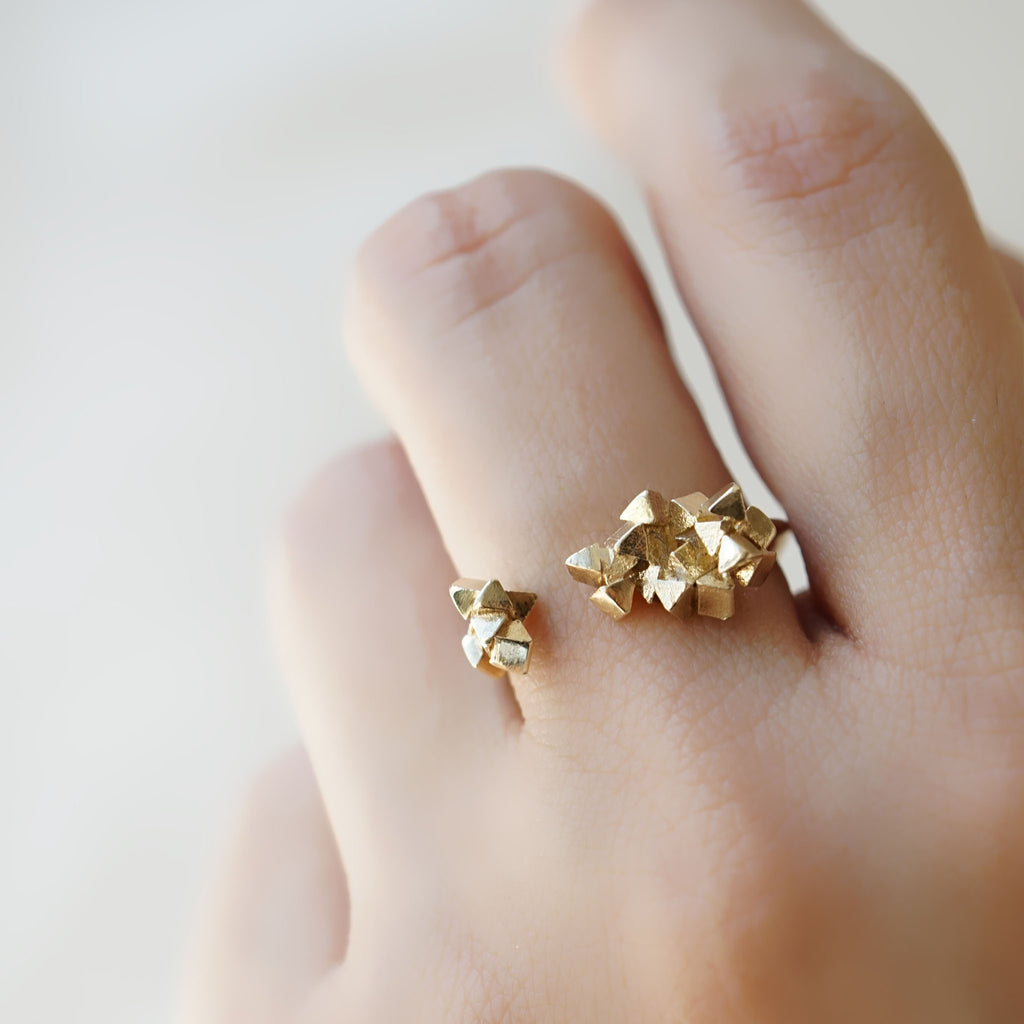 Gold open Geometric ring inspired by geodes and crystals shapes