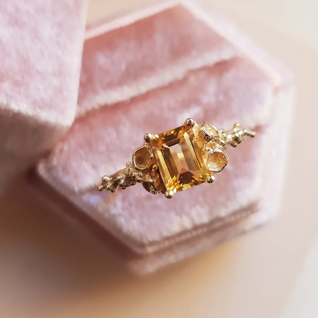 Golden Citrine Gold Ring with Granules