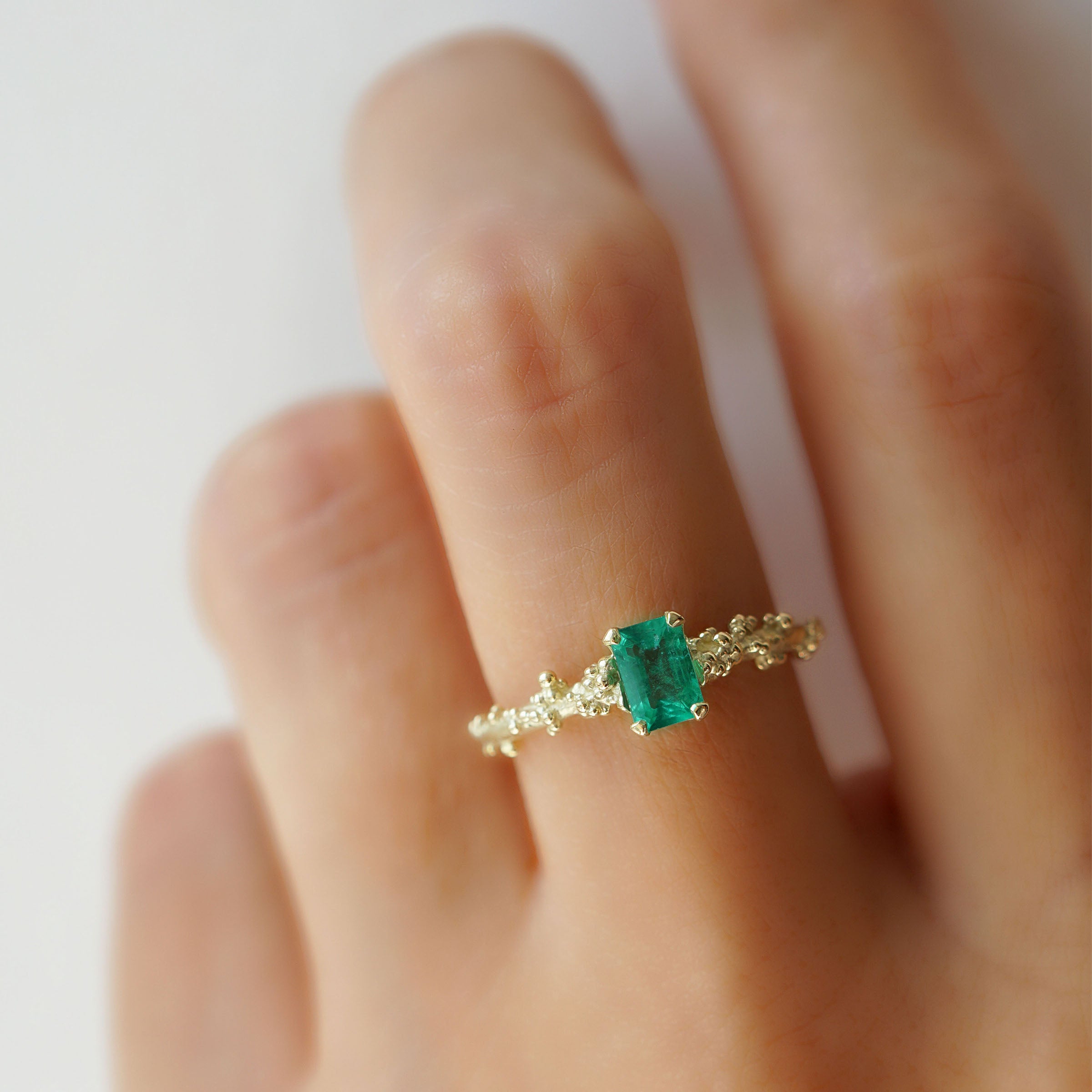 Emerald Gold Ring with Granules